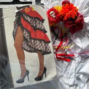 Red and Black Skull Print Costume with Floral Headband
